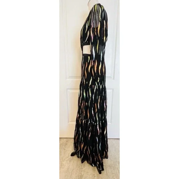 $625 Shoshanna Randi Gown Jet Iridescent Metallic Cut Out Maxi Designer 4 READ - Picture 6 of 14